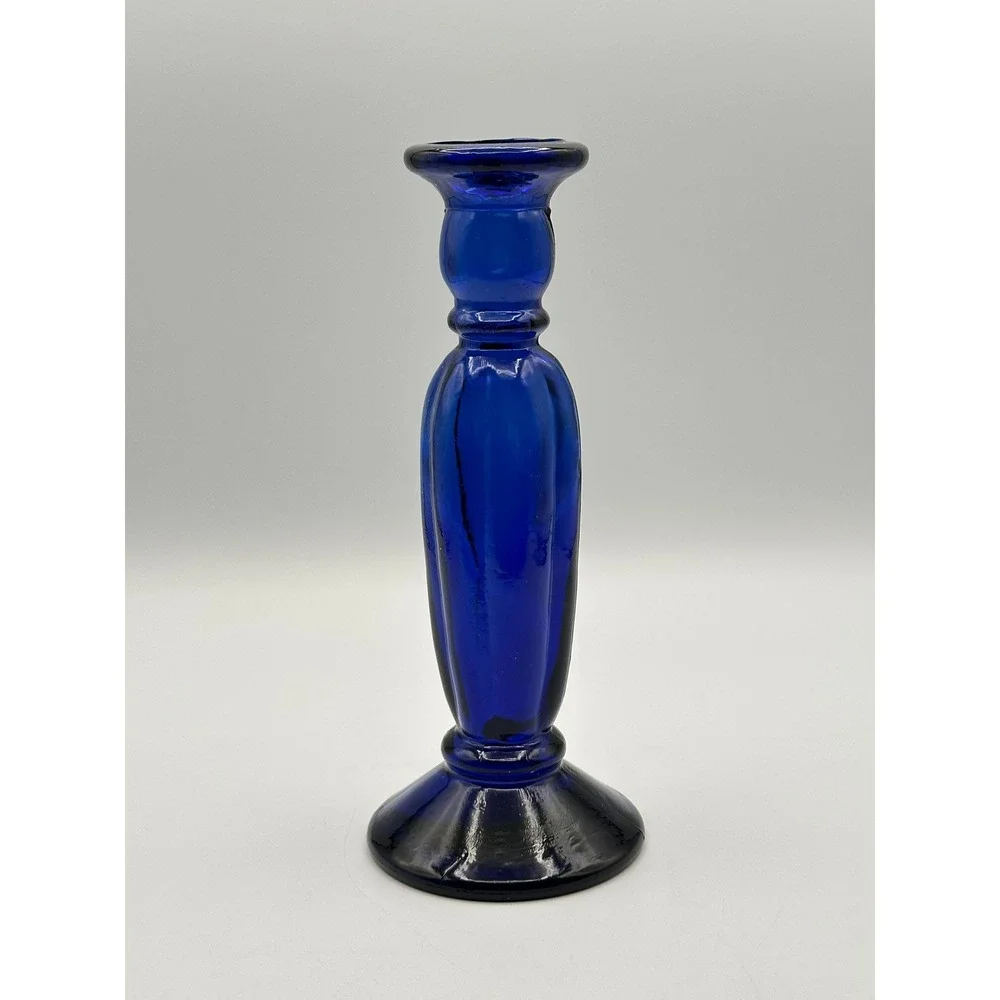 Vintage Cobalt Blue Glass Candlestick Holder 9 Inch Ribbed Taper Candle Stand